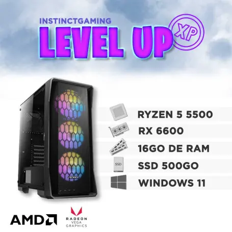 PC Gamer LEVEL UP Ryzen 5 5500 16Go SSD 500Go RX 6600 8Go Windows 10