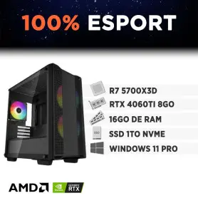 PC Gamer 100% eSport Ryzen 7 5700X3D 16Go 1To RTX 4060 Ti 8Go W11P